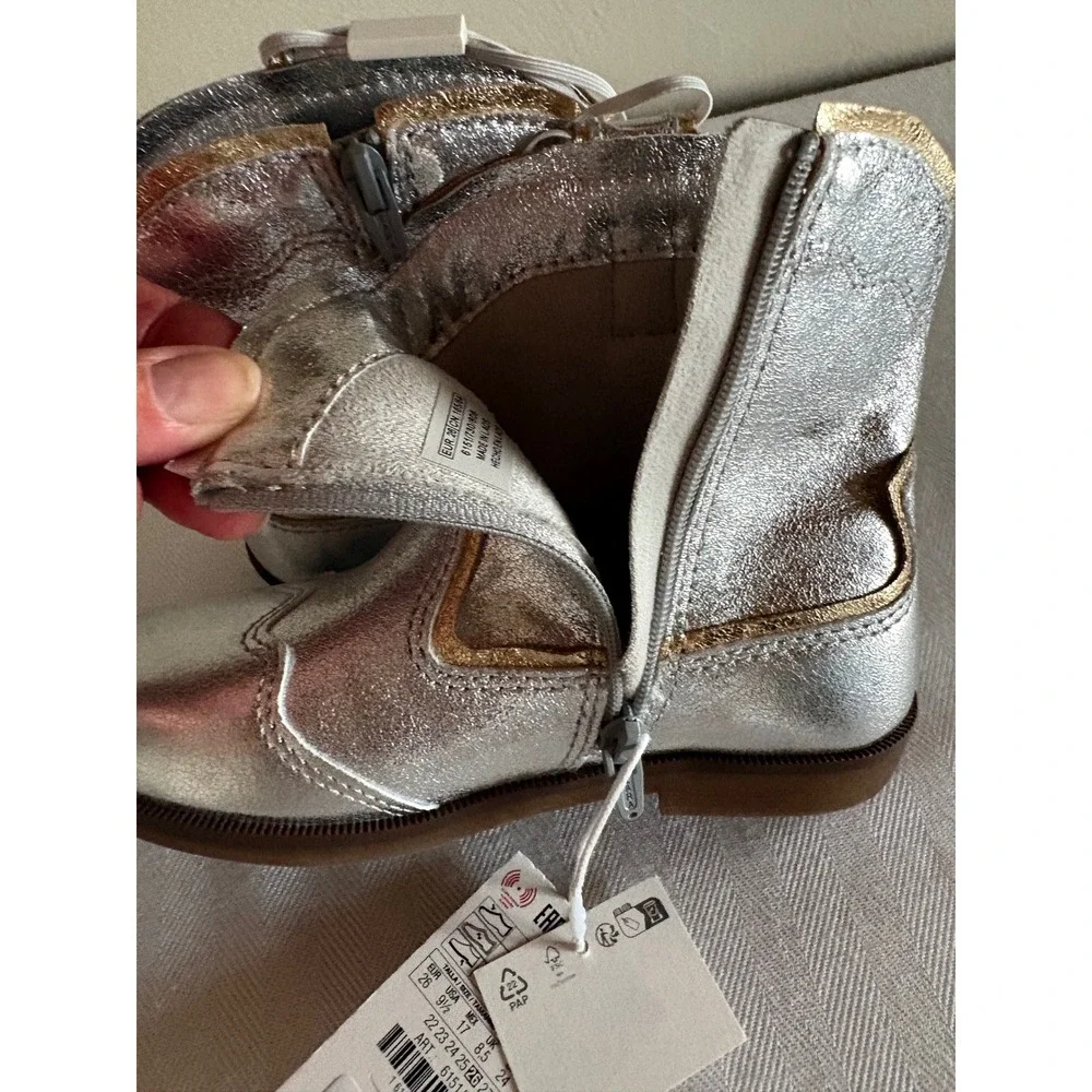 Zara Kids Silver Metallic Embroidered Cowboy Boots Toddler Size 9.5 EU 26 NEW